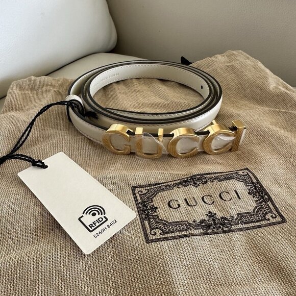 NEW GUCCI LOGO WHITE THIN BELT SIZE 95 Cm 38 In 100% Authentic - Picture 3 of 8